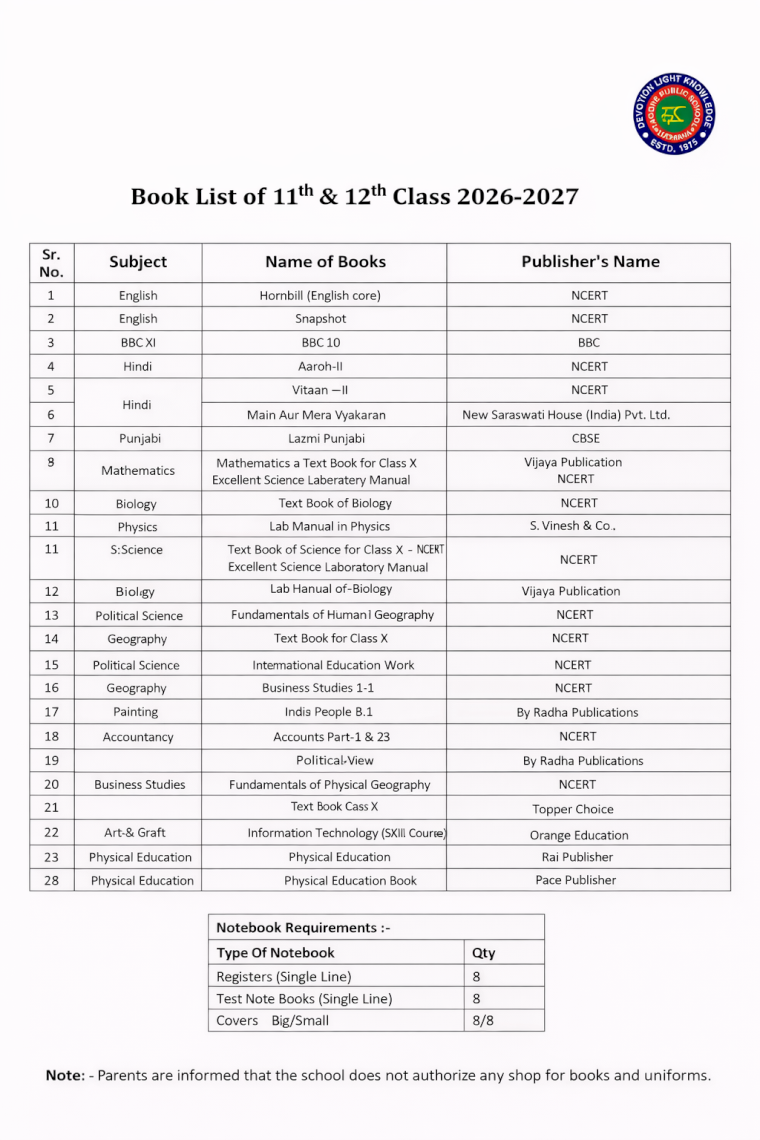 Book List of 11th  Class 2026-2027