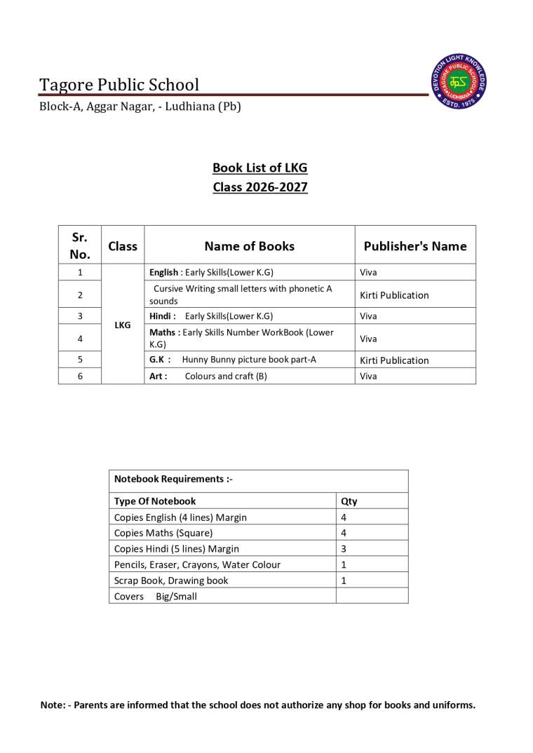 Book List of LKG Class 2026-2027