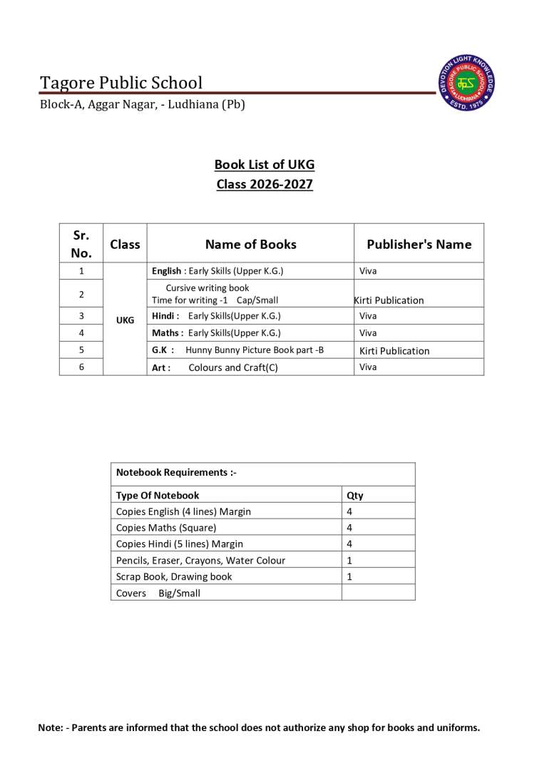 Book List of UKG Class 2026-2027