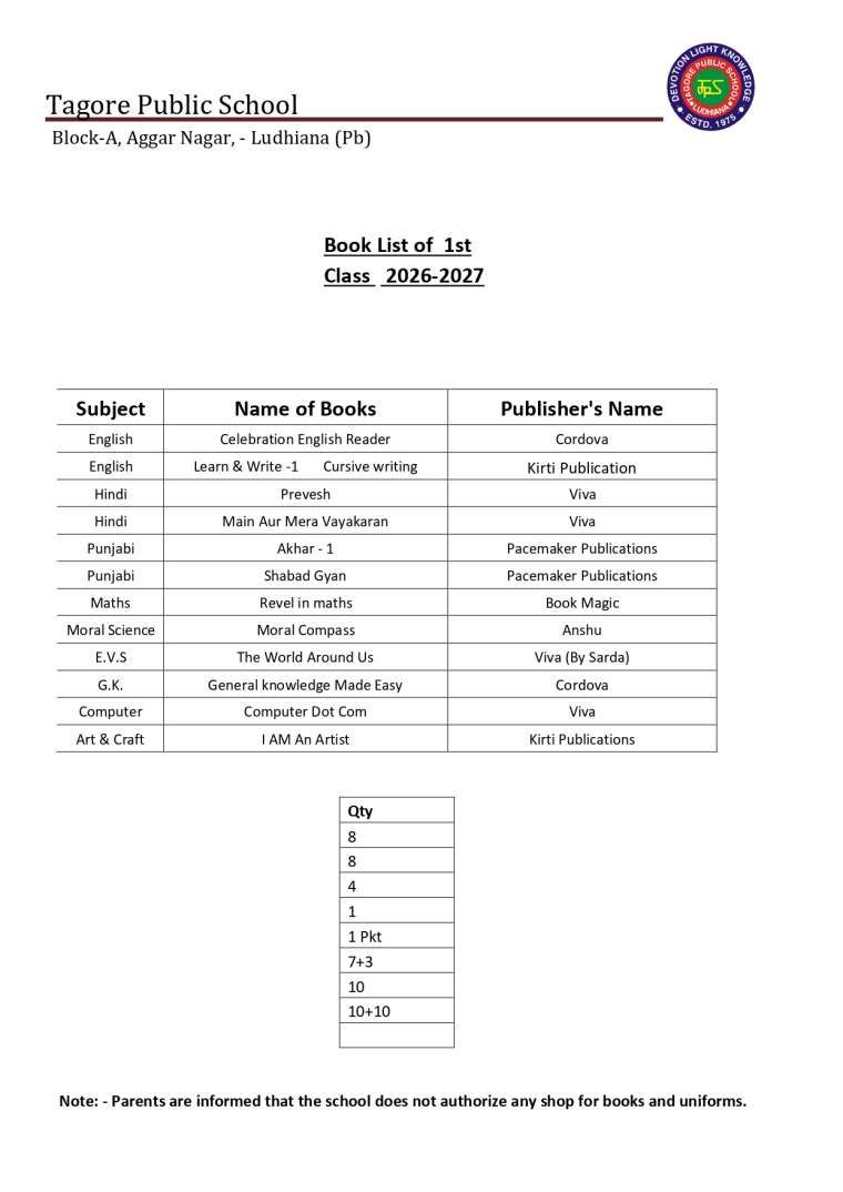 Book List of  1st Class 2026-2027